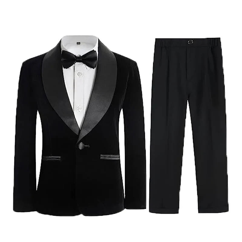 Flower Boys Velvet Jacket Pants Bowtie 3PCS Photograph Suit Kids 1Year Birthday Dress Children Wedding Performance Evening Set