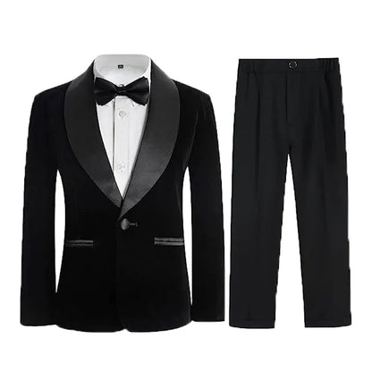 Flower Boys Velvet Jacket Pants Bowtie 3PCS Photograph Suit Kids 1Year Birthday Dress Children Wedding Performance Evening Set