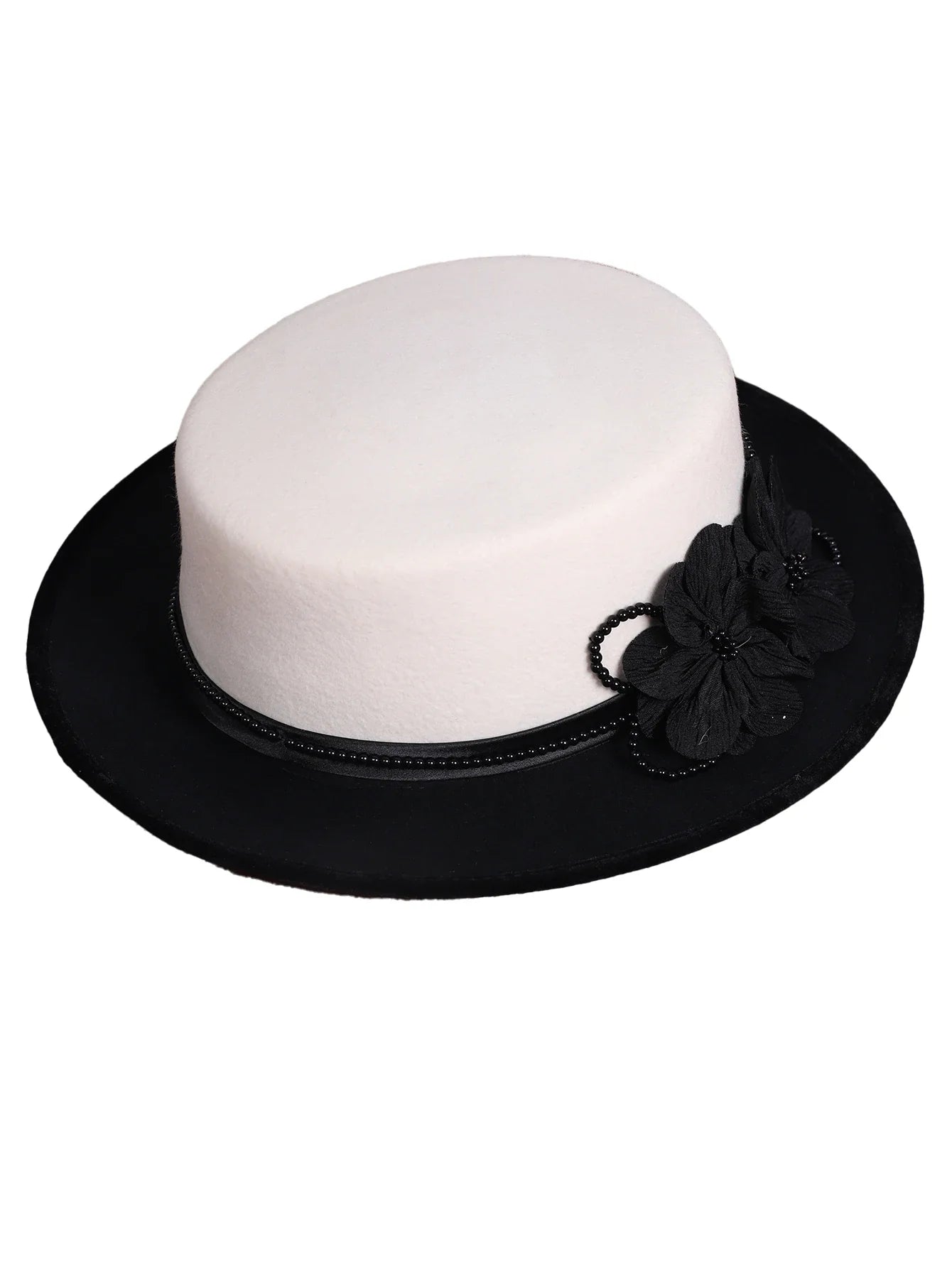 Women's Black/White Flat Top Wool Felt Fedora Hat with Flower Faux Pearl Detail Winter Dress Cap Stylish French Millinery