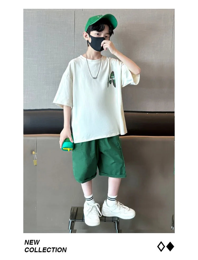 Summer Boys Cotton Leisure Loose Contrast Alphabet T-Shirt Top+Shorts Pant Set School Kids 2PCS Tracksuit Children Outfit 5-16Yr