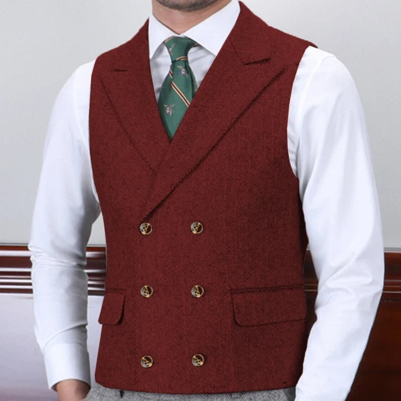 Men Vest Gray Herringbone With Lapel Double Button Waistcoat For Wedding Business Banquet Work Daily Casual Men Suit Vest