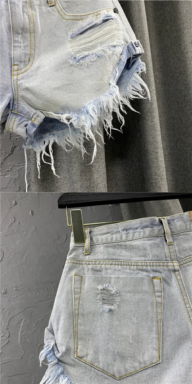 Sexy Low-waisted Denim Shorts 2026 New Summer Hole A Wide-leg Pants Ripped Jeans for Women