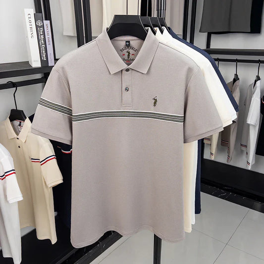 Designer brand silk cotton short sleeve polo shirt summer Paul Pony embroidered striped design T-shirt business casual men's top