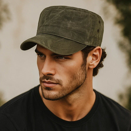 Waxed Canvas Cotton Military Caps Men Waterproof Cadet Army Cap Unique Design Vintage Flat Top Hat