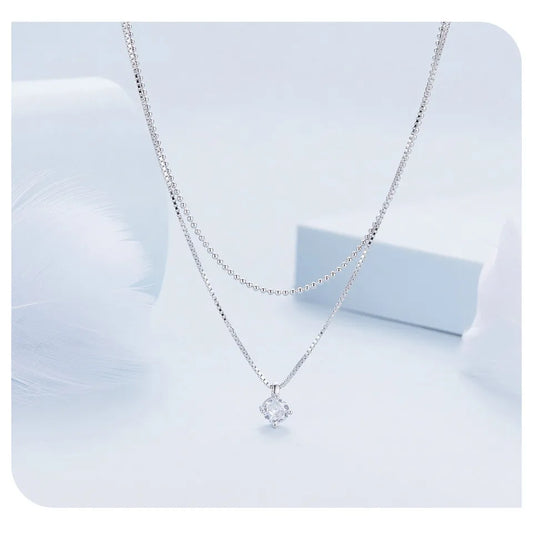 925 Sterling Silver Shining Zircon Pendant Necklace Double Layer Neck Chain for Women Engagement Wedding Fine Jewelry