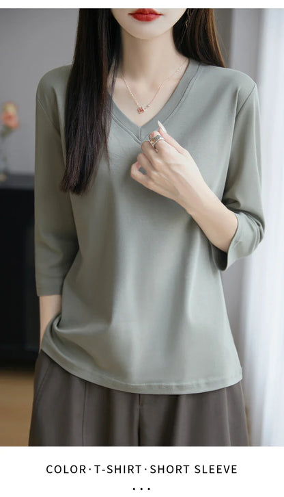 Spring And Summer New Cotton V-neck T-shirt Short-Sleeved Women's Half-Sleeve Bottoming Shirt High-End Cropped Sleeve Top
