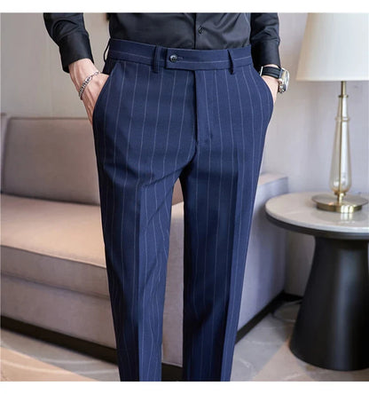Autumn New Fashion Stripe Men's Suit Pants High Quality Straight Long Classic Business Elegant Slim Fit Casual Trousers 38-29