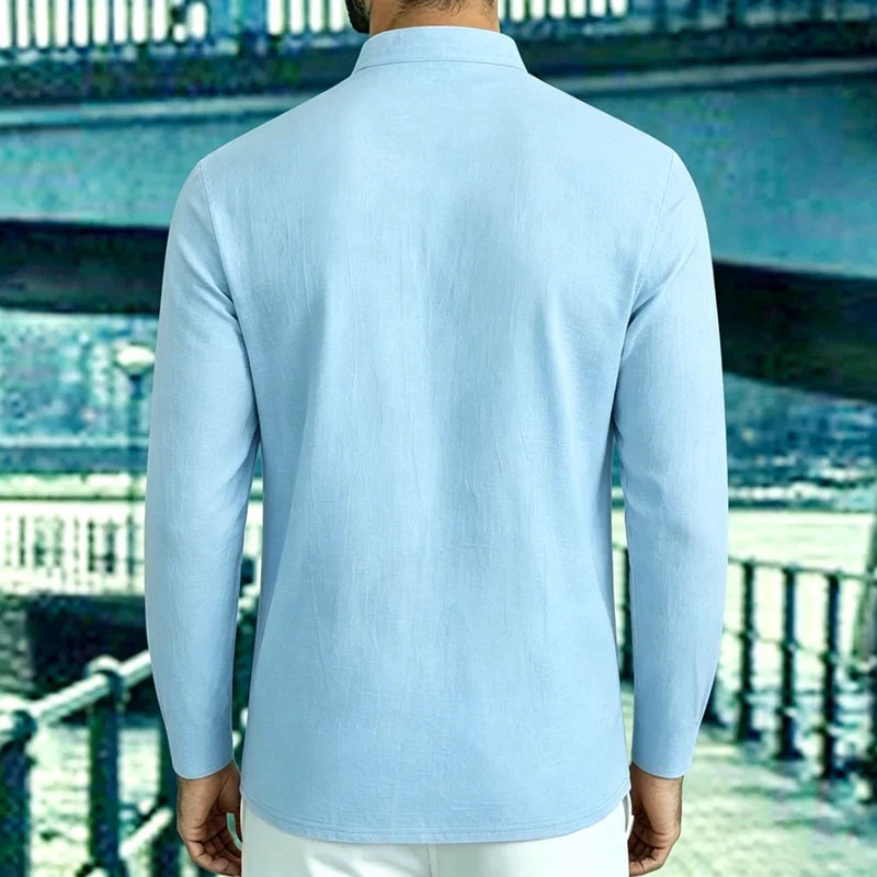 Men Mandarin Collar Long Sleeve Henley Cotton Linen Shirt Chest Pocket Breathable Beach Travel Daily Casual V Neck Top