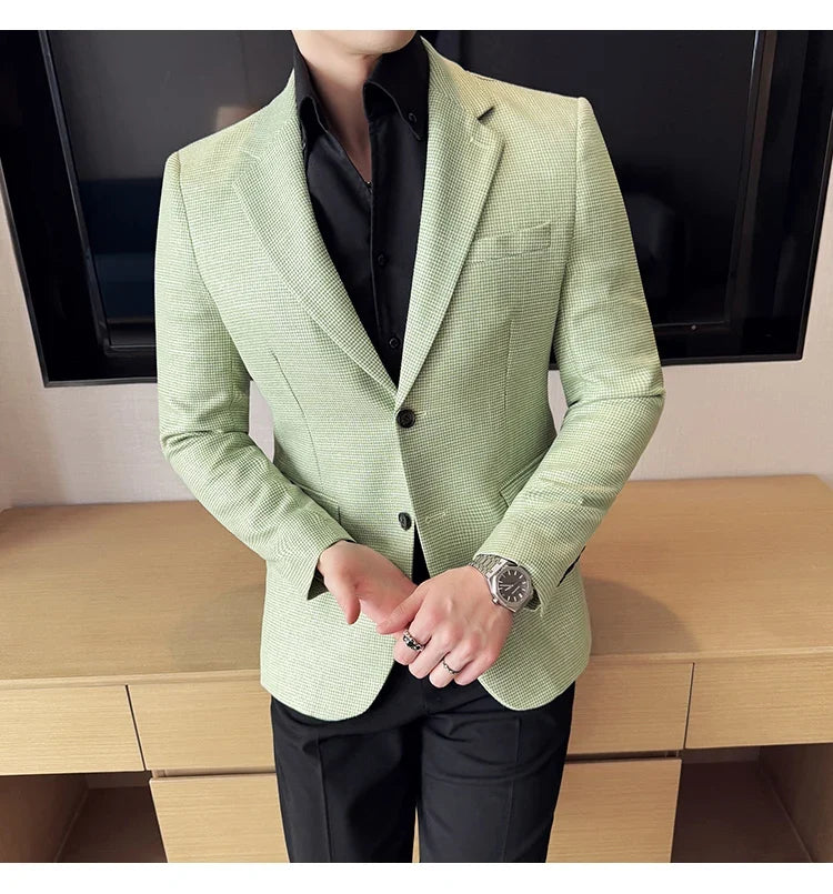 Bright Silk Thousand Bird Grid Suit Jacket Korean-style Business Fashion Slim Fit Single Breasted Men Social Party Dress Coats