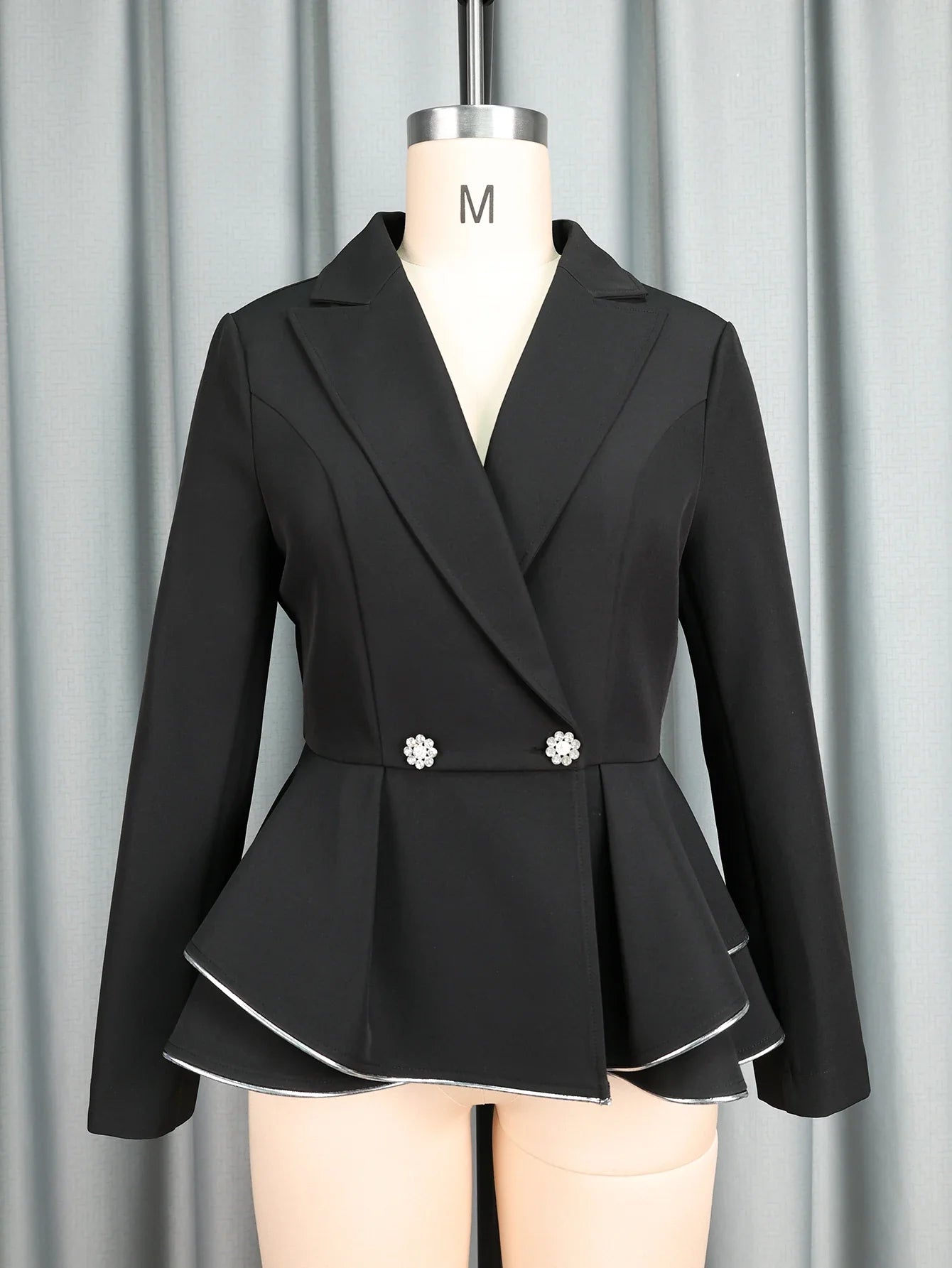 Stylish Black Long Sleeve Peplum Blazer Women with Silver Binding Formal Office Lady Business Autumn Winter Work Outfits