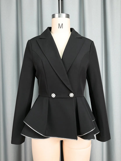 Stylish Black Long Sleeve Peplum Blazer Women with Silver Binding Formal Office Lady Business Autumn Winter Work Outfits