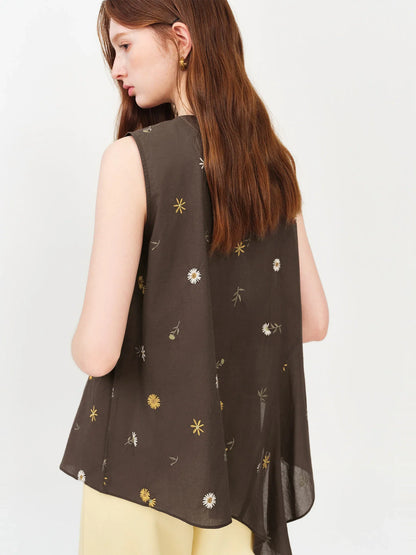 2026 Summer Women Asymmetrical Cut-out Tie-Neck Sleeveless Blouse Round Neck Top Soft Elegant Daily Layering Essential