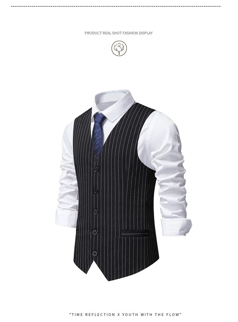 2026 New Red Striped Suit Vest For Men,Fashion Business Formal Wear Casual Khaki/Black Stripes Waistcoats