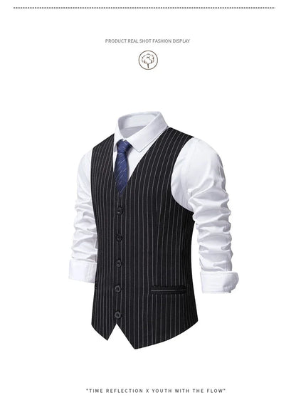 2026 New Red Striped Suit Vest For Men,Fashion Business Formal Wear Casual Khaki/Black Stripes Waistcoats