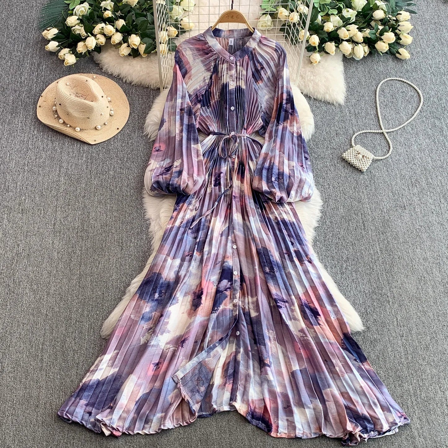 Ele Printed round Ne Lantern Sve Dr Women's Single Button Waist Cinch Maxi Skirt Long Dr Commute Sle Autumn