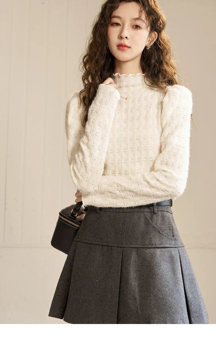 Lace Bottoming Shirt Women Autumn Winter Mock Neck Long Sleeve Knitted Pullover French Warm Inner Top Female MXC58Z0481