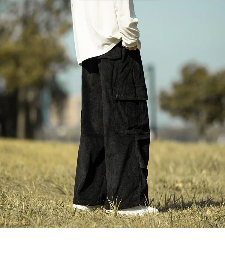2025 autumn and winter new retro brown corduroy multi pocket workwear pants for men, loose drawstring elastic waist pants