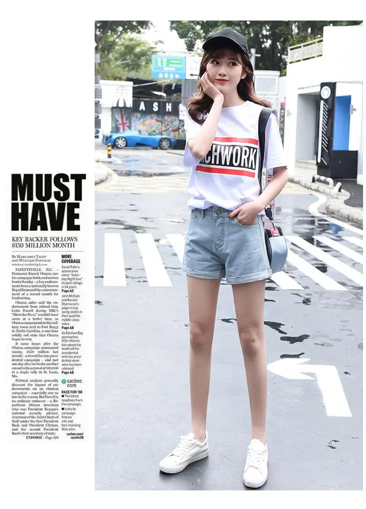 High-Waist Cuffed Denim Shorts Women Summer Korean Style Student Loose Slimming Outerwear A-Line Wide Leg Hot Pants Y2K Shorts