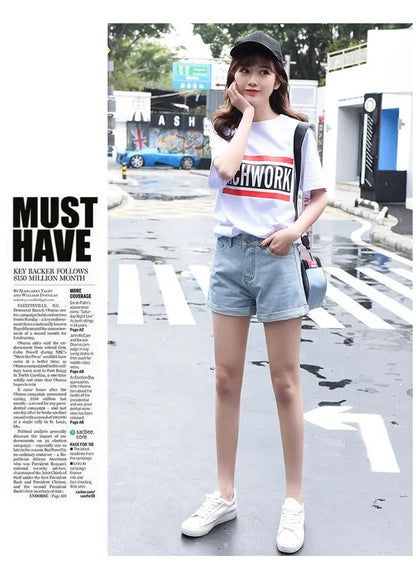High-Waist Cuffed Denim Shorts Women Summer Korean Style Student Loose Slimming Outerwear A-Line Wide Leg Hot Pants Y2K Shorts