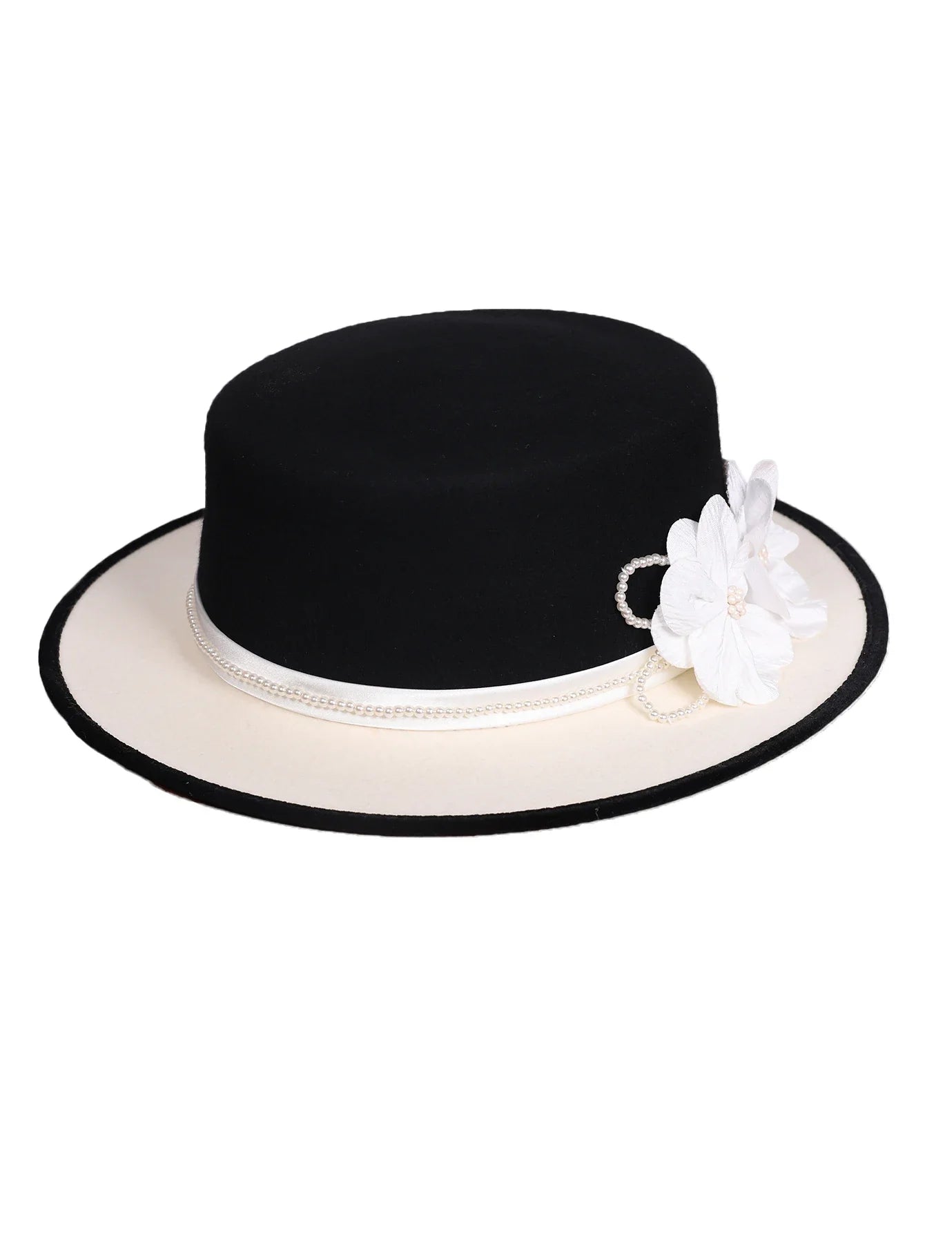 Women's Black/White Flat Top Wool Felt Fedora Hat with Flower Faux Pearl Detail Winter Dress Cap Stylish French Millinery