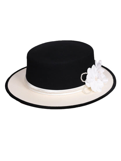 Women's Black/White Flat Top Wool Felt Fedora Hat with Flower Faux Pearl Detail Winter Dress Cap Stylish French Millinery