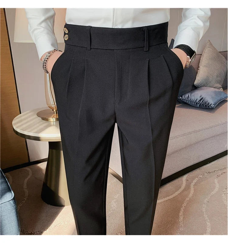 British Style Twill Pleat Design Naples High Waist Casual Trousers Fashion Man Slim Simple Social Party Suit Pant Plus Size 38