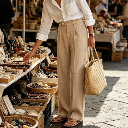 Beige Men's Linen Pants Breathable Cool Straight Leg Trousers High Waist Pleated Lightweight Summer Casual For Beach Vacation