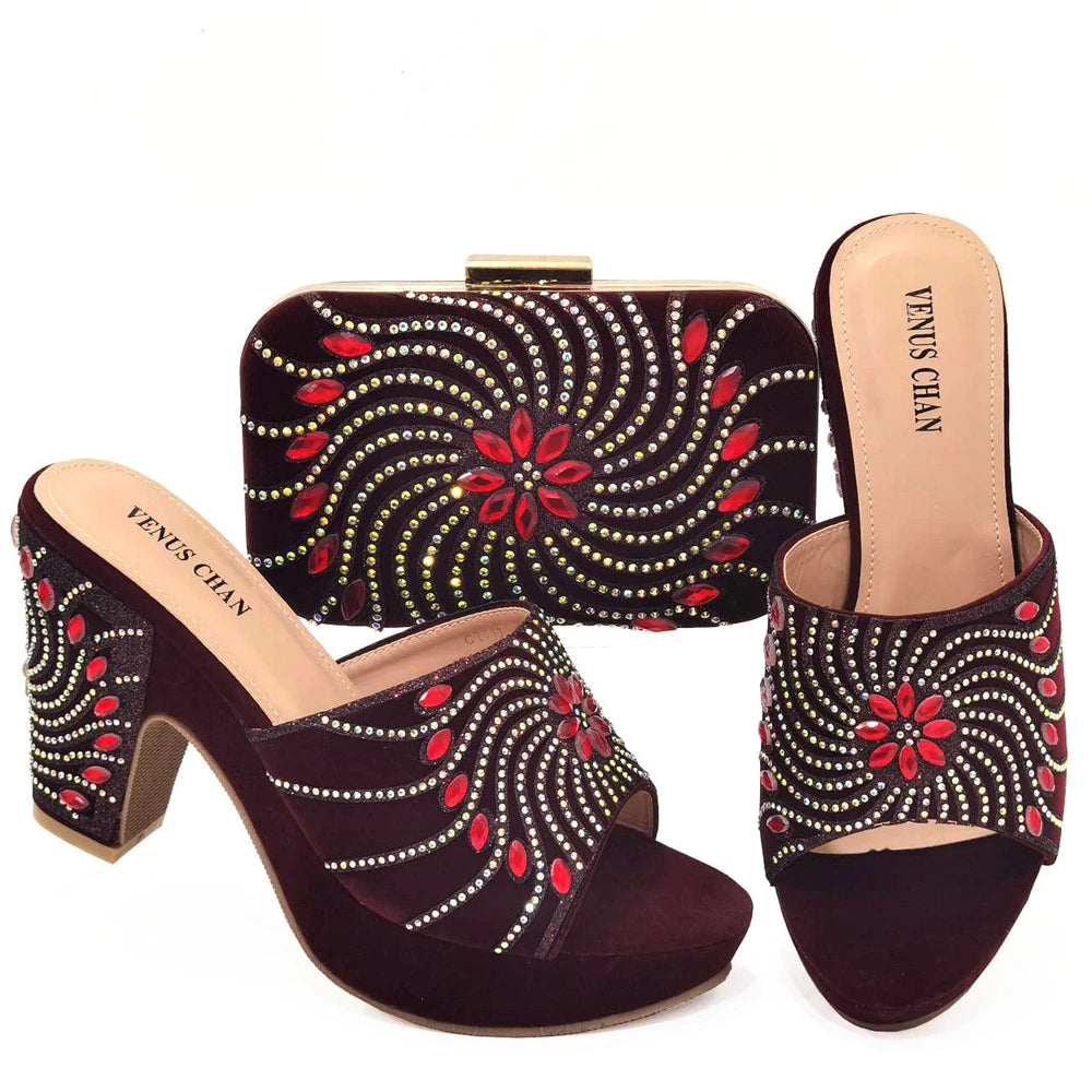 2023 The Latest Italian Design Rotary Rhine-Diamond Floral Thick Heel Platform Women's Comfortable Shoes Bag and Shoe Set