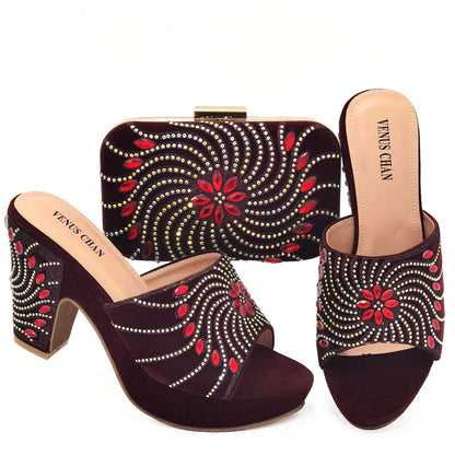 Women's Shoes High Heels Sexy Ladies Party Wedding Pattern Embroidery Mules Shoes and Bags Set for Italian 2023