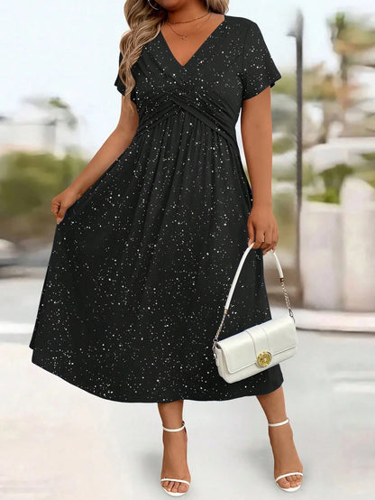 Ladies' elegant plus size powder sprinkled shiny twisted knot with pockets V-neck dress