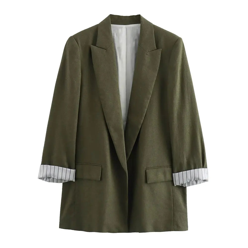 Women Fashion Solid Blazer Notched Collar Long Roll up Sleeves Female Chic Office Lady Business Outfits