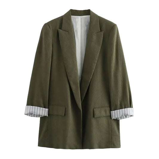 Women Fashion Solid Blazer Notched Collar Long Roll up Sleeves Female Chic Office Lady Business Outfits