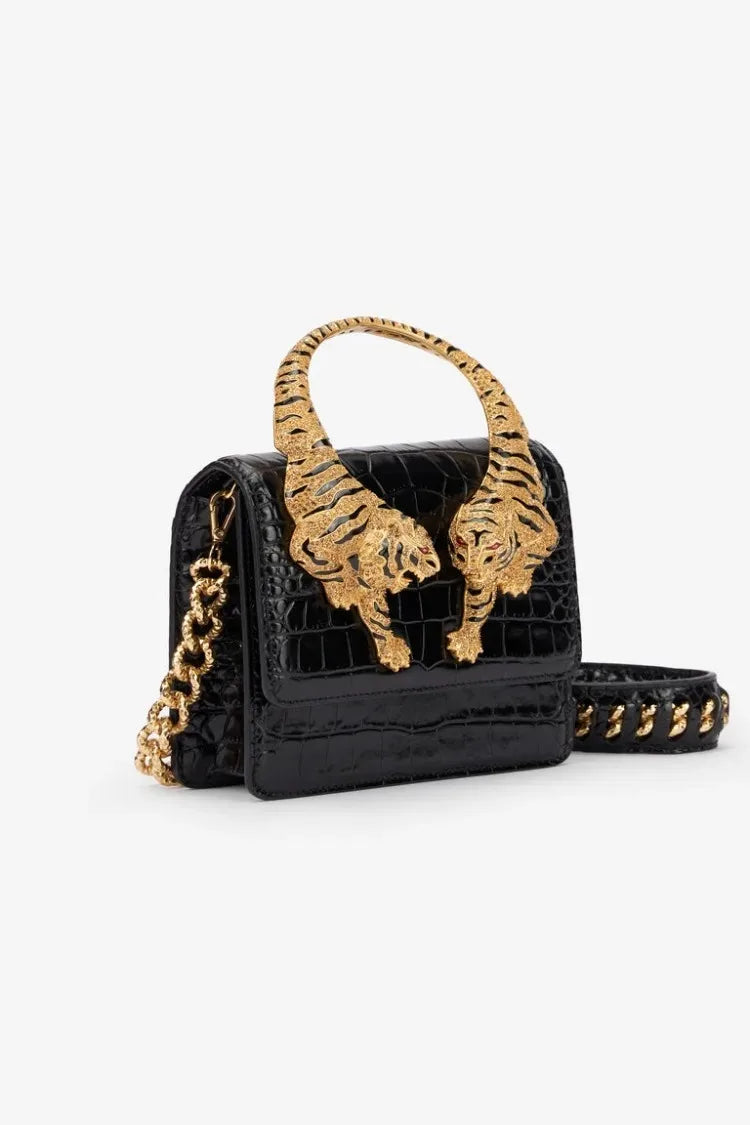 Roar Croc Embossed Handbag Women Genuine Crocodile Scale-effect Leather Signature Tiger Motif Crystal Embellishment Shoulder Bag