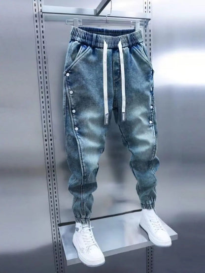 Drawstring Menswear Clothing Handsome Spring New Men's Jeans Korean Elastic Waist Buttons Decorative Fashion Harlan Pants Men