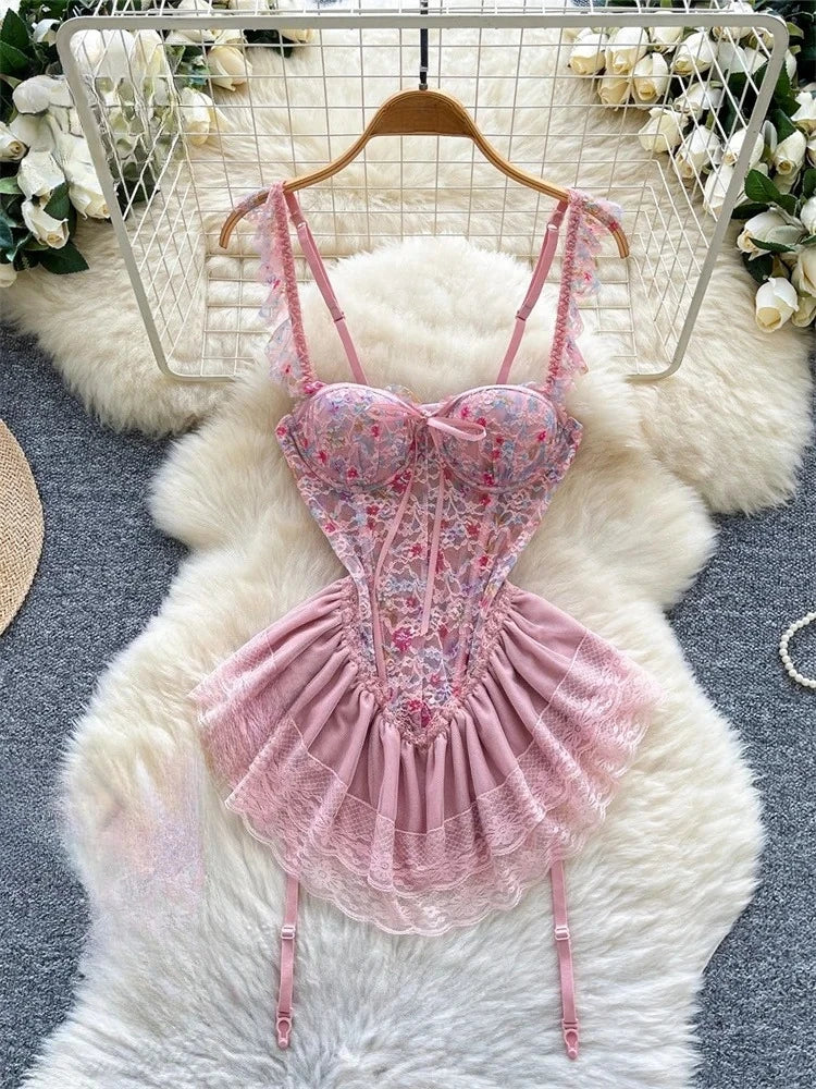 Woman Fashion Sexy Strap Dress New Sleeveless Slim Floral Print Mini Dress Comfortable Breathable Mesh Lace Mini Dress