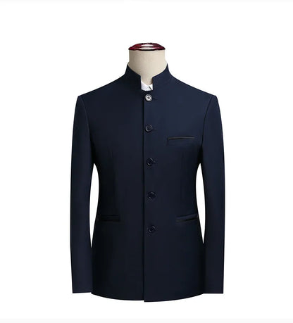2026 New Men's Stand Collar Long Sleeve Suit Jacket, Asian Size Chinese-Style Slim-Fit Blazer in Dark Blue/Red/Grey/Black/White
