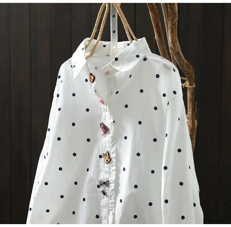 2026 Korean style clothes women spring cotton white polka dot print shirts long sleeve blouses Middle-aged women's clothing