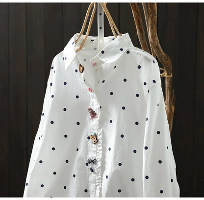 2026 Korean style clothes women spring cotton white polka dot print shirts long sleeve blouses Middle-aged women's clothing