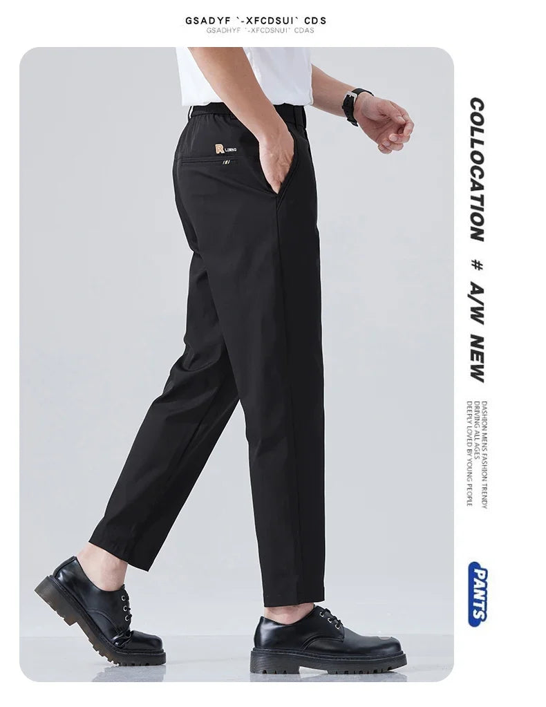 2026 Spring Summer Thin Ice Silk Suit Pants Men's Business Straight Slim High Elastic Ankle Length Casual Pants Male