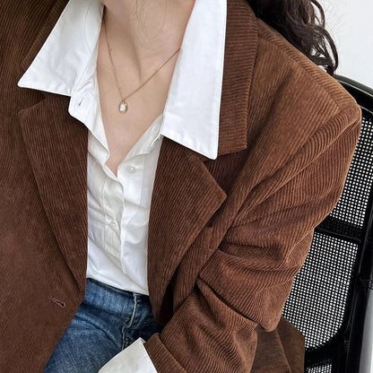 Brown Corduroy Suit Jackets Women's Spring New Fashion Loose Casual Blazers Notched Collar Single Breasted Pockets Female Tops
