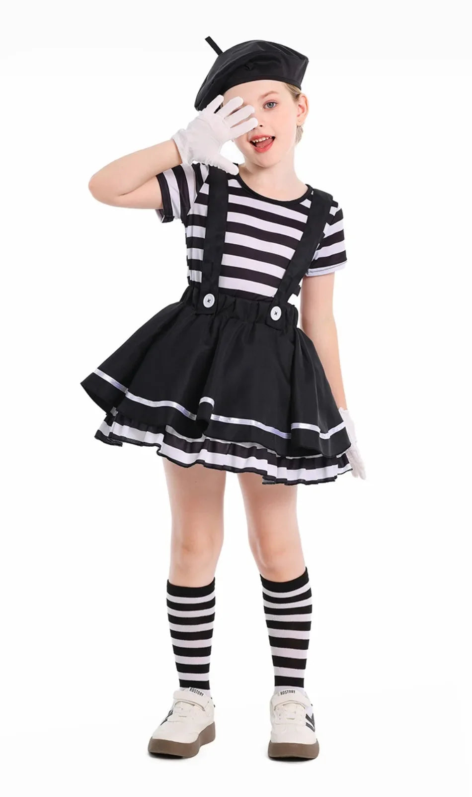 Mime Costume Clown Cosplay Clothing Girls Stage Performance Skirt T-shirt Hat Gloves Halloween Carnival Party Suit ﻿