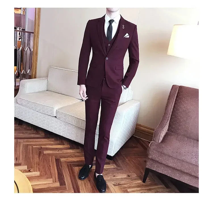 Blue Men Classic Striped/Checked Suits, Asian Size Slim Fit Business Office 3-Piece Sets, Black/Gray and Red Available.