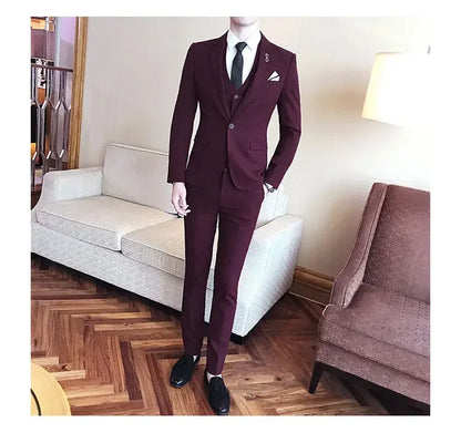 Blue Men Classic Striped/Checked Suits, Asian Size Slim Fit Business Office 3-Piece Sets, Black/Gray and Red Available.