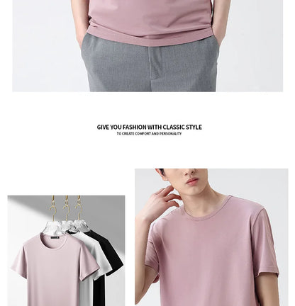 47% Cotton 47% Modal 6% Spandex T Shirt Men Short Sleeved Summer Round Neck Undershirt Plus Size Men's Solid Color Tops Tees