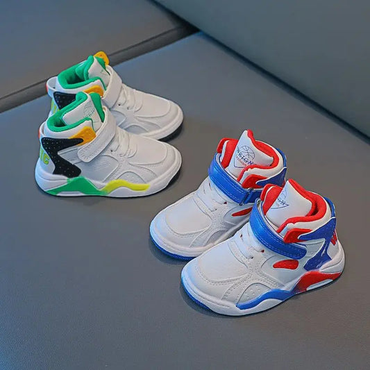 Children's Spring Autumn Casual Shoes Boy's Leather High Top Color Matching Sports Casual shoes Wear Resistant Basketball Shoes