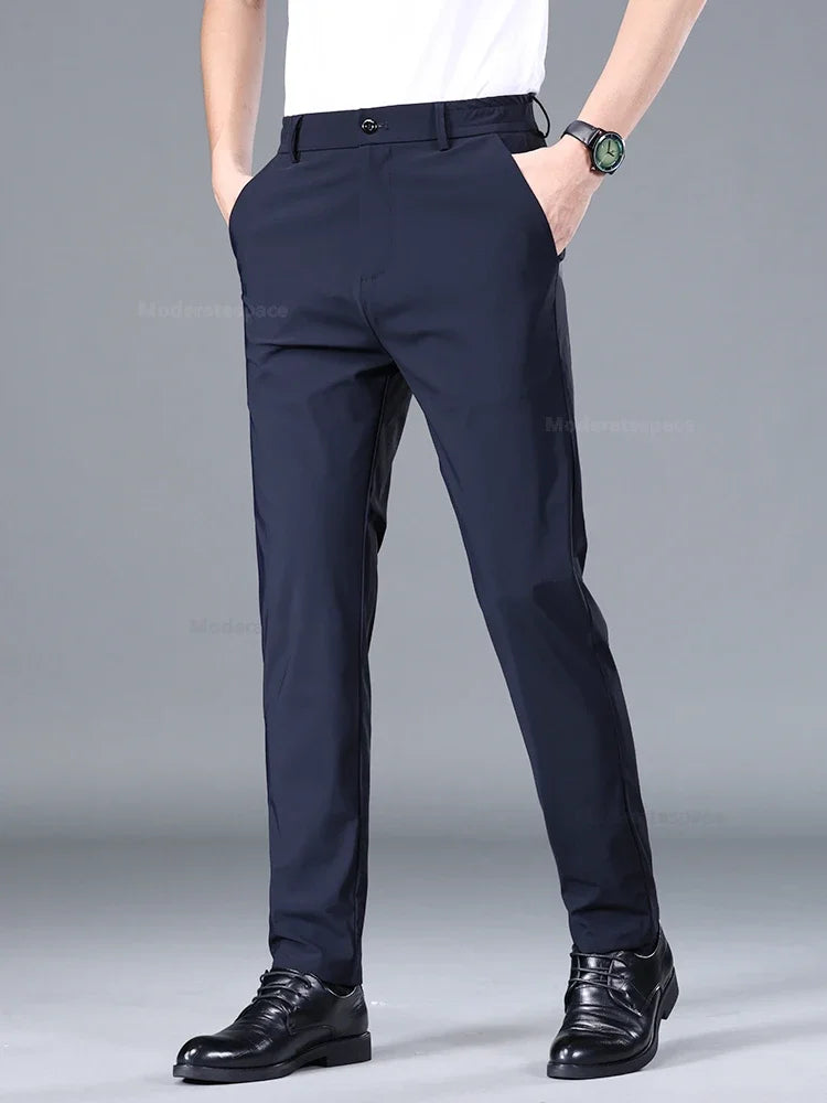 Summer Ultra-thin Casual Pants Men's High Elastic Quick-drying Ice Silk Straight Business Formal Casual Trousers Black Gray