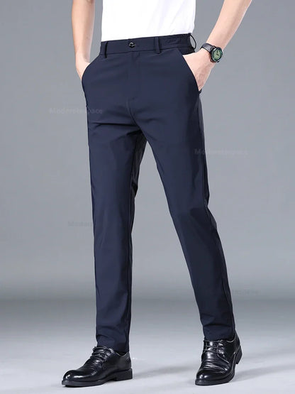 Summer Ultra-thin Casual Pants Men's High Elastic Quick-drying Ice Silk Straight Business Formal Casual Trousers Black Gray