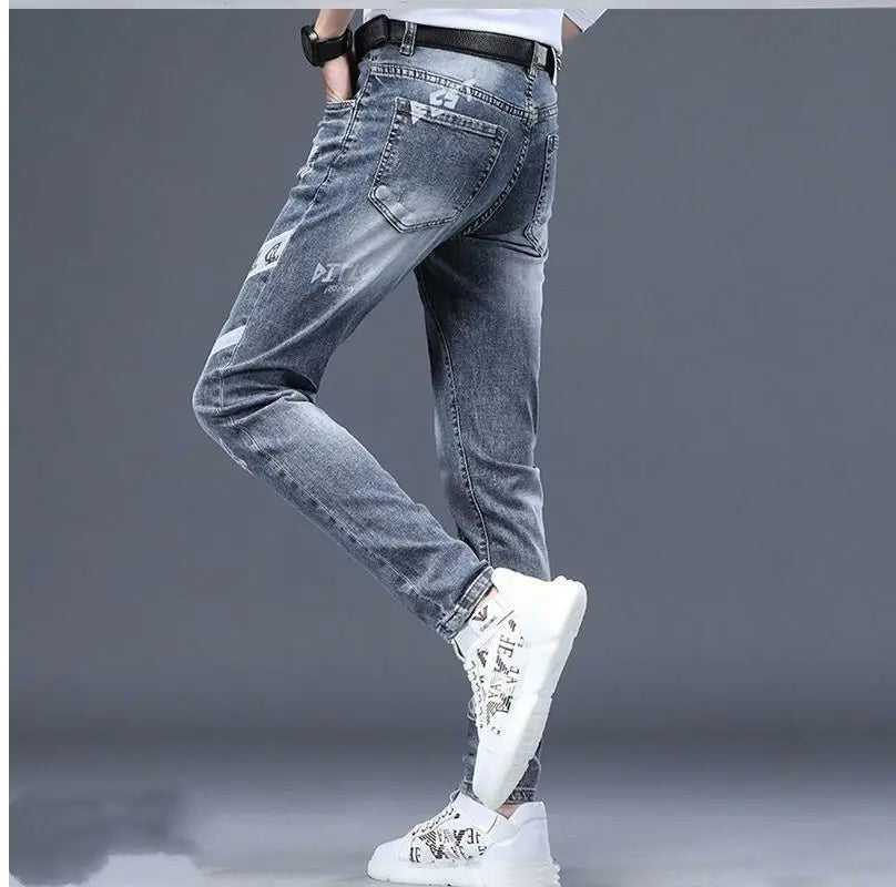 High End Stylish Classic Distinctive Printed Black Stretch Denim Jeans for Men High Quality Slim Fit Stretch Luxury Denim Pants