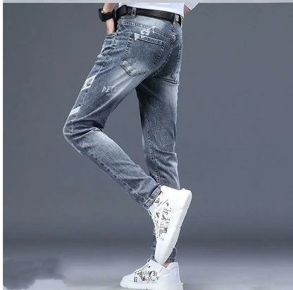 High End Stylish Classic Distinctive Printed Black Stretch Denim Jeans for Men High Quality Slim Fit Stretch Luxury Denim Pants