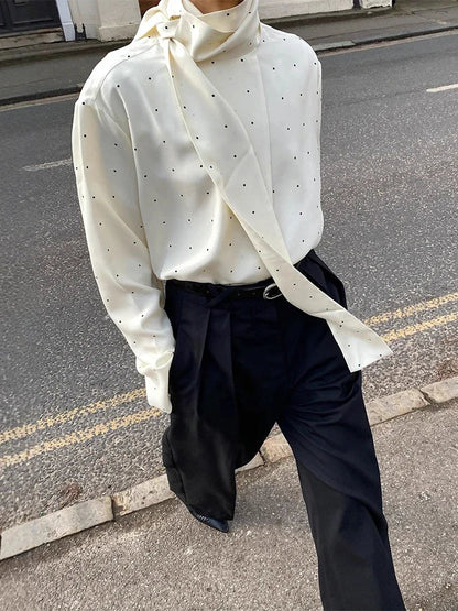 Satin Scarf Neck Polka Dot Printing Women Blouse Full Sleeve Loose Basic Shirt Lady Fashion Autumn New Highstreet Commute Wear